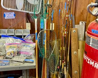 Miscellaneous grab bags, fishing gear, shop compressor