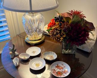 Waterford lamp, floral decor, small porcelain dishes and round vintage hand-painted table 
