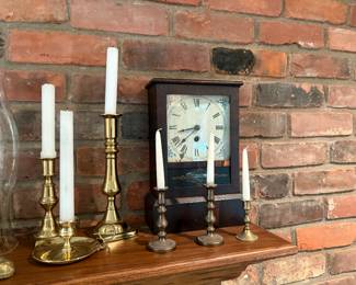 Mantel clock and brass candle holders