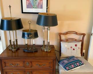 2 drawer chest - low-profile (2 available) and ladder back chair with upholstered seat (2 available), brass lamps with black shades and print of NYC graphics