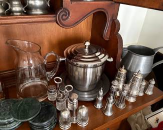 Marble coaster, pewter salt and pepper sets, pewter and glass water pitchers and vintage ice bucket