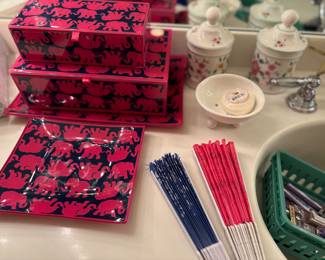Lilly Pulitzer glass storage boxes and vanity sets, and ceramic jars