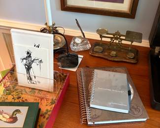 desk accessories, brass lamp, brass scale and desk clock and pen set