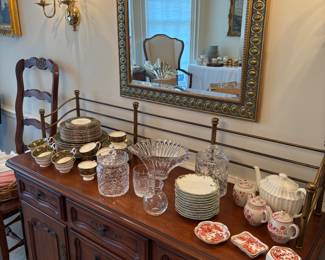 Hendredon sideboard with brass rail, shown with large beveled mirror, Wedgwood china, Waterford Biscotti jar and more!