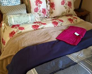 Pottery Barn duvet with shams, fleece blankets, and linen pillow cover along with custom duvet and shams