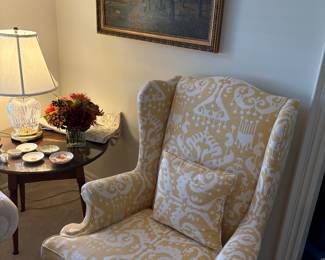 Wing-back armchair, acrylic painting, round side table - hand-painted with glass top and Waterford lamp