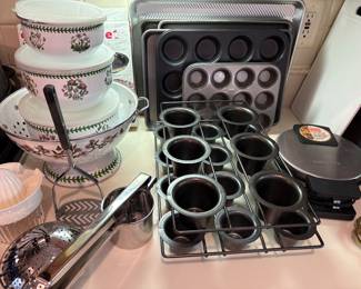 Portmeirion covered dishes and strainer, non-stick pans and more