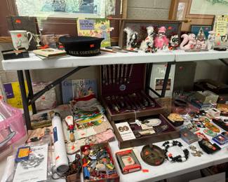 Flatware set, old toys, patches