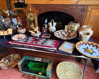 Indian baskets, pottery, clock,  John Deere '52 Spreader toy
