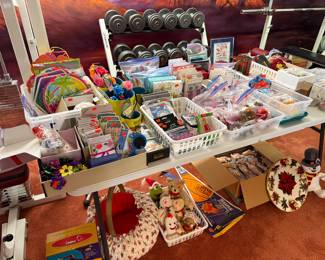 Party items, Christmas, coffee cups, nativity set, souvenirs from Hawaii