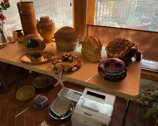 baskets, wreathes, painted coconut, printer, pans, bowls