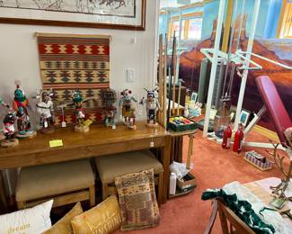 Kachina dolls, indian wall hanging, side table with stools, pillows