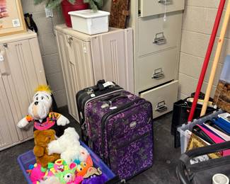 stuffed animals, childs suitcases, locking firing 4 drawer file cabinet, plastic locking storage shelves