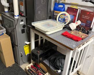Rolling cart, books, chemicals in this room
