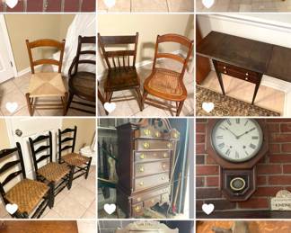 Antique furniture, tools and chairs