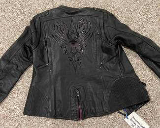 Harley Woman’s Leather Jacket w/Purple Lettering (size M),