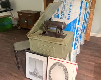 Antique Sowing table for 85, patio table for 10, silver platter for 25, picture file tower for 20 brand new not open.
