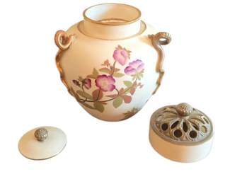 Antique Royal Worcester Porcelain Potpourri Jar with Gilt Handles