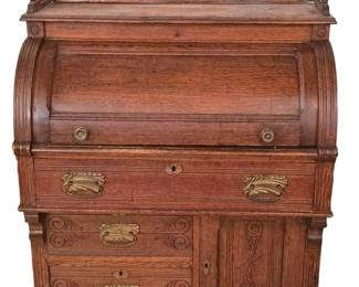 Antique Cylinder Rolltop Carved Oak Desk