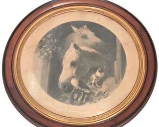 Antique Very Large and Heavy "Horses and Doves in Barn" Lithograph