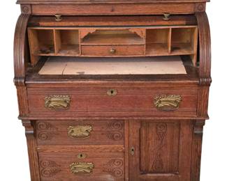 Antique Cylinder Rolltop Carved Oak Desk