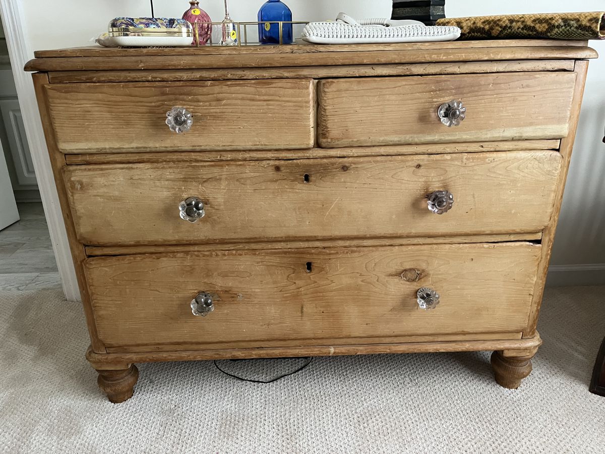 $350 Antique 4-drawer pine dresser with glass hardware; approx. 32.5" x 43" x 20"