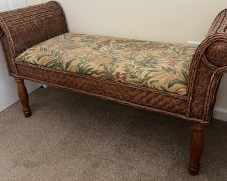 $80 Vintage upholstered rattan plantation bench; approx. 25 1/2" x 48" x 19"
