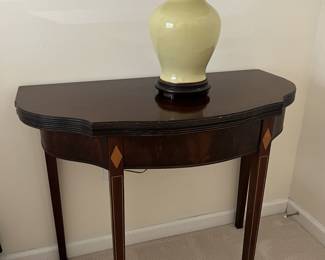 $150 Vintage Hepplewhite-style flip top card table; approx. 29 1/4" x 36" x 17 1/2" (35")