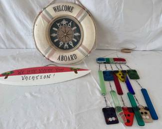 Lot Of 3 Outdoor Decor Items Dog cat Wind chime , Welcome Aboard Sign, We Live Where You Vacation