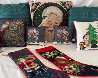 A Vintage Christmas Pillow Set, Riverdale Christmas Santa decorative pillow, Two Stockings