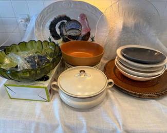 Lot Of Kitchen Serving Items Thanksgiving Platter, Bowls, Chargers, Slicer