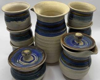 Handmade Blue Pottery Set Of 9 Pieces