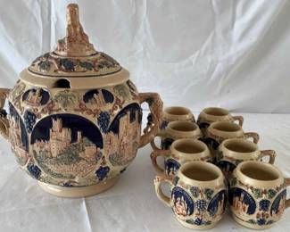 Vintage German Castle Stoneware Punch Bowl or Tureen set.