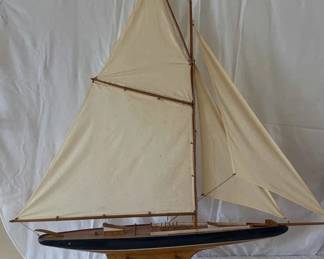 VINTAGE HANDMADE WOODEN CANVAS SAILBOAT
