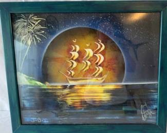 Sailboat Picture With Palm Trees Frames With Green Frame