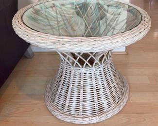 White Wicker End Table With Glass Top