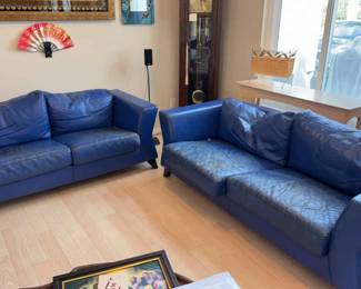 Set Of 2 Electric Blue Leather Sofas