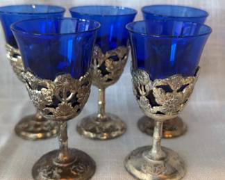 5 VTG American Cut Crystal Cobalt Blue Cordial Glasses Filligree Silverplate