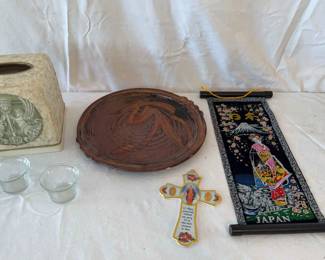 Lot Of 6 Collectibles , Kleenex Holder, Platter, 2 Candle Holders, Cross, Japanese Scroll