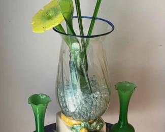 Green Lot Small Side Table, Decorated With 2 Green Vase, One Large Fruitful Theme Vase