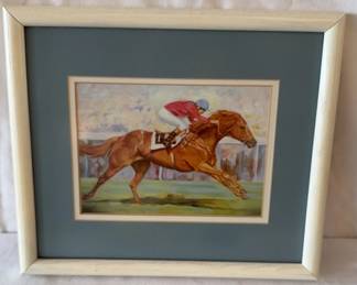 Oil painting of a racehorse and jockey during a race