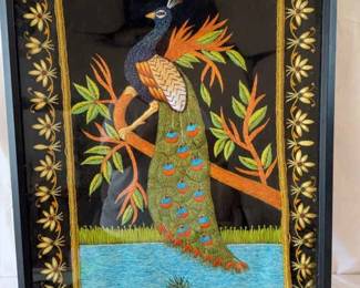 Embroidered handcrafted peacock wall art In Frame