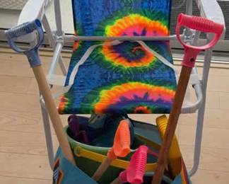 Huge Lot Of Kids Beach Toys And Tie Dye Folding Beach Chair