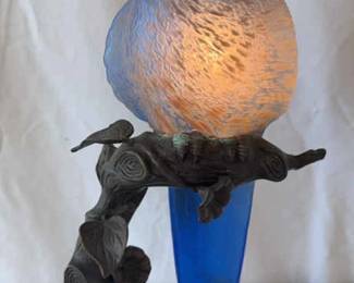 Bronze And Blue Glass Parrot Lamp 17 Inches Tall