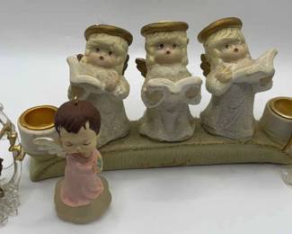 Three Angel Candle Holder, Mary Baby Angel Ornament, Glass Ornament Nativity And Angel