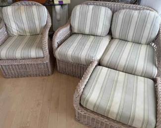 002 Three Piece Wicker Set With Cushions Loveseat, Chair, Foot Stool