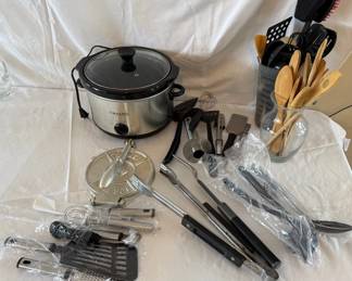 Large Lot Of Kitchen Utensils And Crock Pot