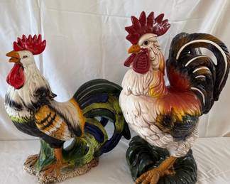 Lot Of 2 Large Farmhouse Rooster Statues 24 Inches Tall, 21 Inches Tall