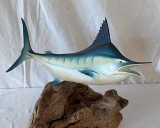 Blue Marlin Statute On Wood Look Base Has Some Damage