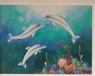 Huge Sea life Dolphin Painting Vibrant Colors 52 Inches By 40 Inches